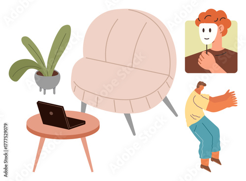 Laptop on table beside potted plant and modern chair. Person holding identity mask another gesturing dynamically. Ideal for creativity, remote work, self-expression, identity, body language, modern