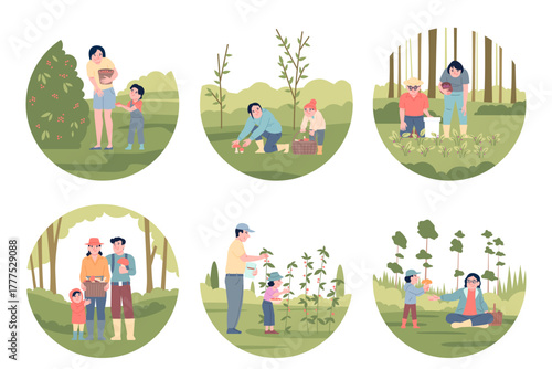 Picking berries in forest. Mushroom hunters, people pick nature food. Adults and children walking outside with baskets. Hobby, environment study, recent vector scenes