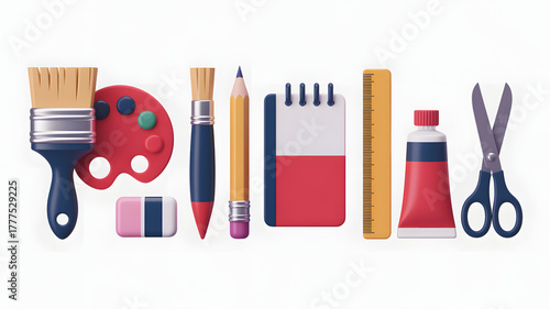 Art supplies collection 3D render of painting brushes palette pencil notebook ruler scissors