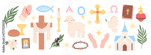 Christian signs set. Isolated christianity church symbols, sheep, holy bible, crucifix, rosaries with cross, crown of thorns, buildings, racy vector clipart