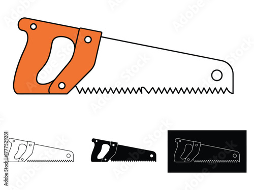 A woodworking hand saw with an orange handle is shown in a simple illustration.