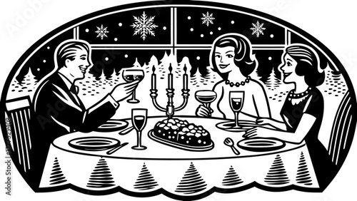 Illustration of a winter dinner party with three people and a snowy landscape in the background