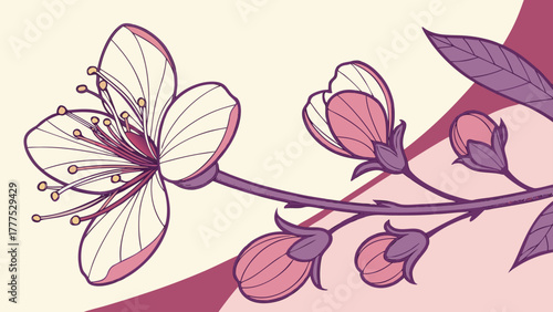 A delicate floral branch with blooming flower and buds in soft pastel shades creating a serene composition