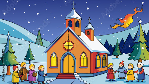 Illustration of a church in winter with carolers and a celestial figure in the sky at night
