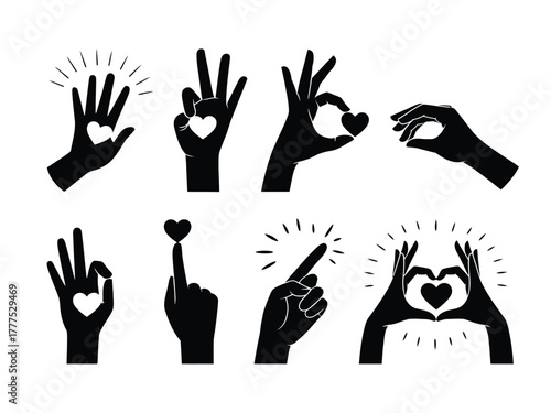 Various hand gestures are shown forming hearts and other symbols.