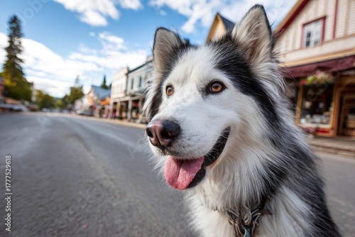 Fototapeta Naklejka Na Ścianę i Meble -  siberian husky in charming small town main street