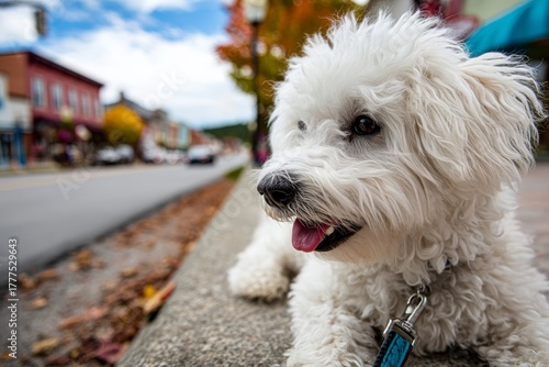 Fototapeta Naklejka Na Ścianę i Meble -  bichon frise in charming small town main street