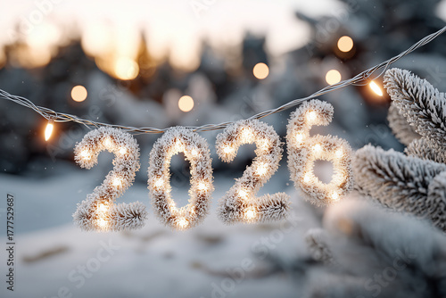 A stylized and creative image for PF 2026 Christmas: a snowy landscape at twilight with the numbers 