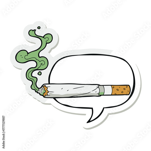 A cartoon cigarette is shown with smoke coming out of it in a speech bubble.