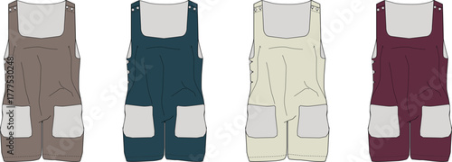 Collection of four dungaree short overalls in different colors, showcasing casual fashion apparel