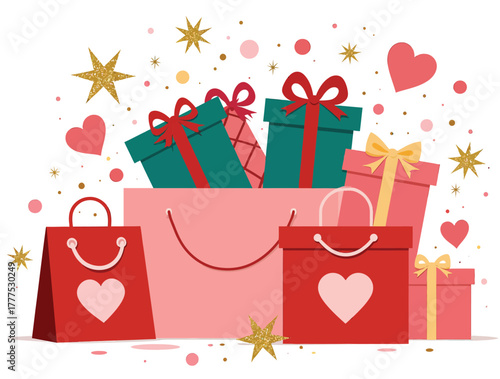 Vector illustration of a collection of gift boxes and shopping bags filled with presents, decorated with hearts and sparkles