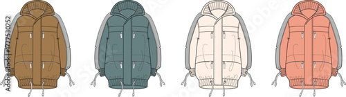 Diverse Color Palette of Winter Parkas Showcasing Functional Design Elements and Apparel Details