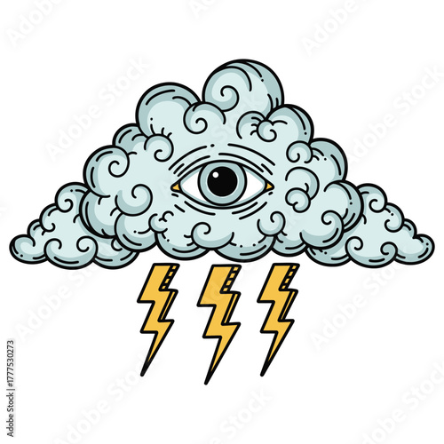 An eye peers from a cloud, with lightning bolts descending.