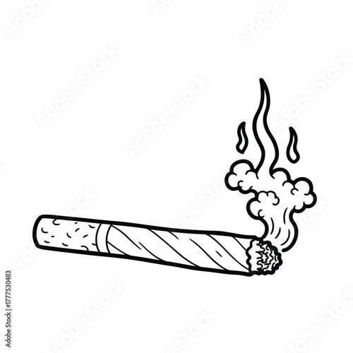 A lit cigarette emits smoke and flames against a white background.