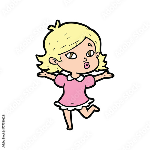 A cartoon girl in a pink dress throws her hands up in surprise.