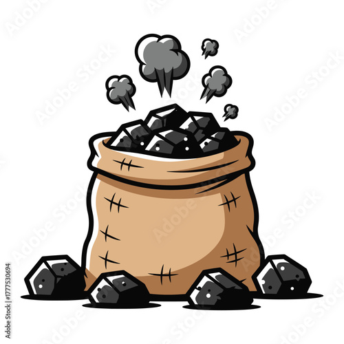 A burlap sack filled with coal is overflowing and emitting smoke.
