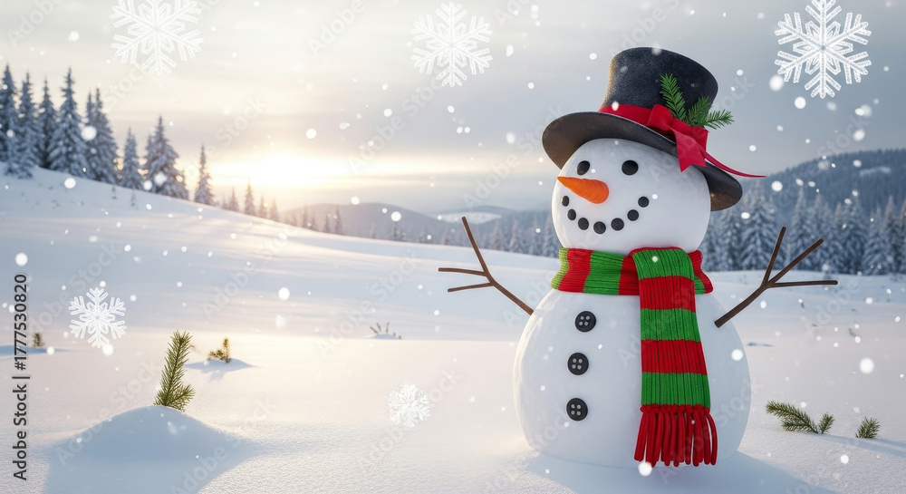 Fototapeta premium Cheerful Snowman in Snowy Winter Landscape with Snowflakes and Sunrise Glow