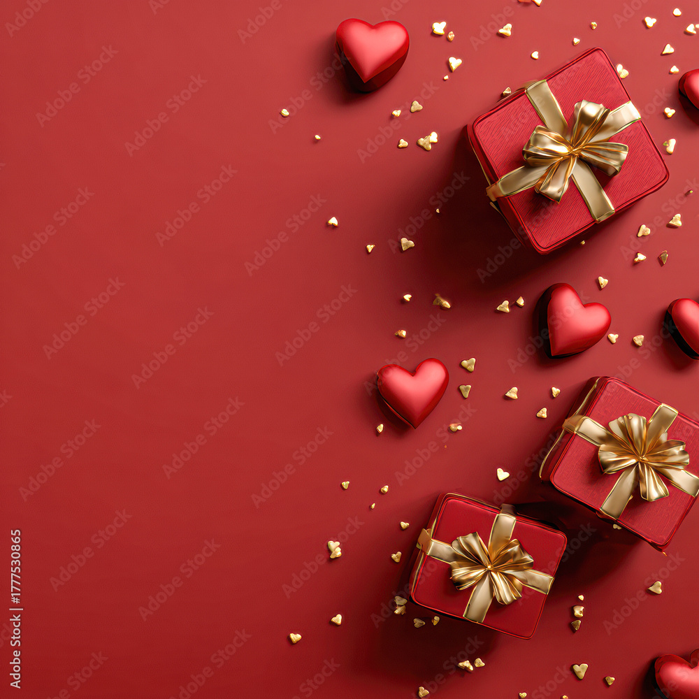 Obraz premium A vibrant red background features decorative gifts with golden ribbons and heart-shaped ornaments, creating a festive and romantic atmosphere.