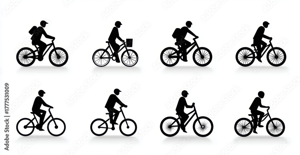 Obraz premium Collection of eight black silhouettes of people riding bicycles in various positions