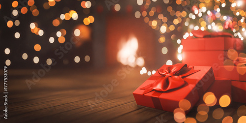 Idyllic Christmas background with christmas gifts under fir tree in cozy interior with fireplace. Vintage and nostalgic New year eve holiday with presents. Empty wooden table room podium.