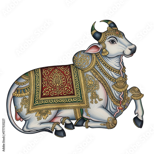 Indian Folk Art Motif of a Seated White Cow Decorated with Ornaments and Sacred Cloth