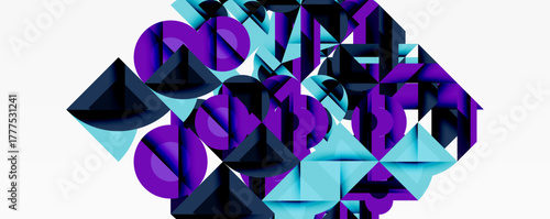 Abstract geometric shapes, purple, turquoise hues. Complex composition, modern design, digital illustration. Minimalist aesthetic, intriguing visual texture.
