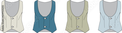 Versatile collection of classic men's vest technical flat sketches in four stylish colors, isolated for apparel design and fashion illustration