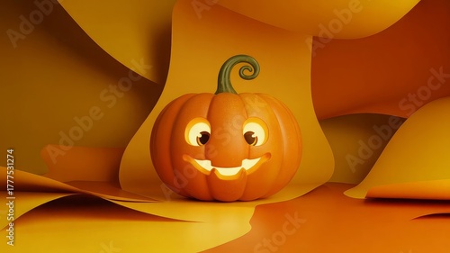 Cute smiling pumpkin, abstract background for advertising on autumn holidays or sales, 3d render

