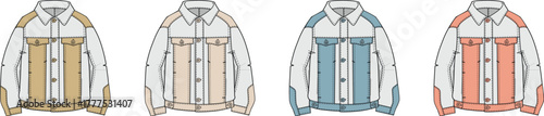 A comprehensive technical flat illustration depicting a versatile denim jacket design in a range of contemporary color combinations, ideal for fashion design and apparel project presentations