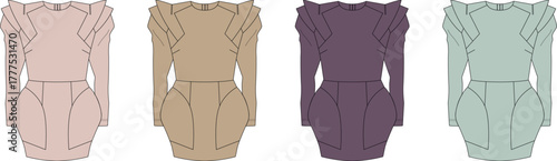 Architectural fashion design concept showing a collection of modern, long-sleeved mini dresses presented as technical flat sketches in a palette of four colors