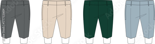 Vector illustration of four men's pants in different colors grey, beige, green, and blue