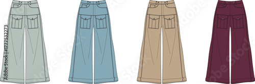 Fashion illustration of various color wide-leg pants with cargo pockets for apparel design