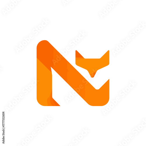 Stylized orange letter N with a fox head icon. Modern vector graphic design element for technology, business, or branding projects.