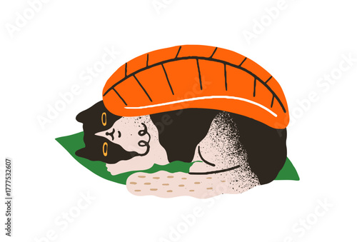 Hungry cat is lying under sashimi. Lazy kitty with salmon is in cute pose. Silly kitten with piece of fish. Funny pet, amusing animal. Flat isolated hand drawn vector illustration on white background