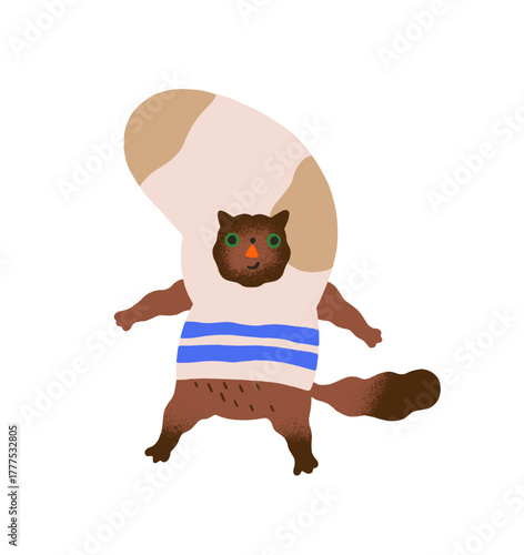 Silly tiny cat is in a big sock. Cute shocked kitty in costume of stocking. Amazed kitten in hosiery. Naughty pet, stunned animal. Flat isolated hand drawn vector illustration on white background