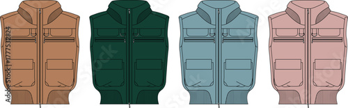 Collection of men's utility vest technical flat sketches in four colorways. Sleeveless zip-up gilet with pockets, fashion design vector template