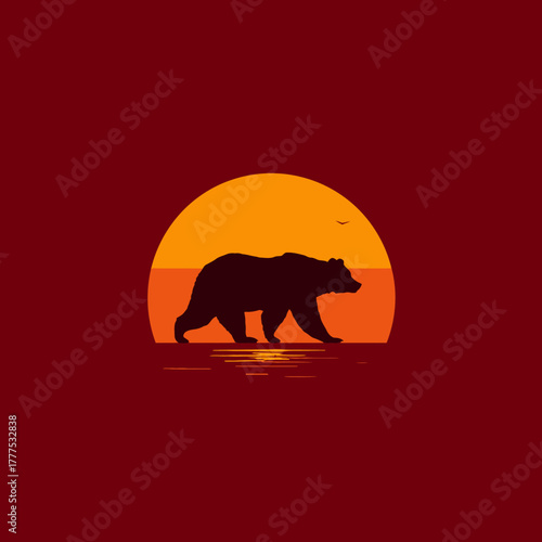 Majestic bear silhouette walking on water at sunset, minimalist wilderness nature graphic design with warm light and flying bird.