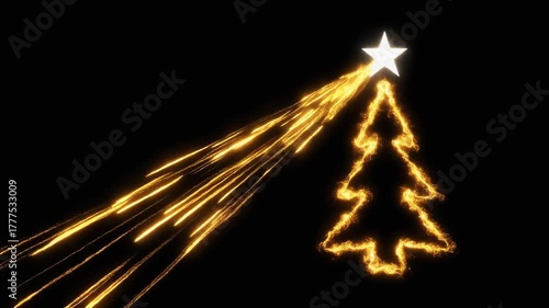 Glowing Golden Christmas Tree with Star and Light Trails on Black Background