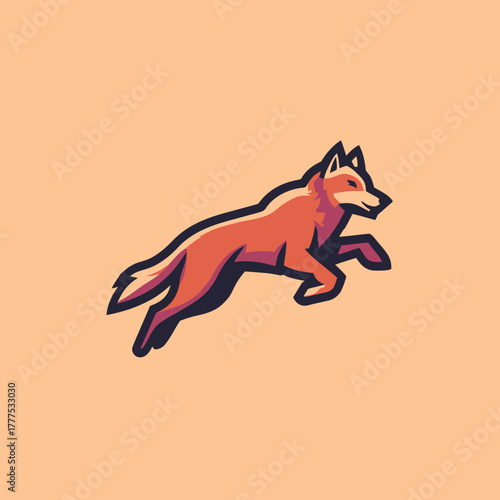 Dynamic red fox illustration leaping against a peach background, a stylized vector graphic depicting a wild animal in motion.