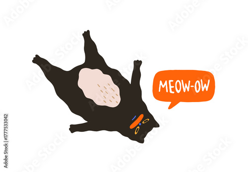 Angry black cat with speech bubble is lying. Irritated kitty screams Meow. Dissatisfied kitten yells with discontent. Annoyed pet. Furious animal. Flat isolated hand drawn vector illustration on white