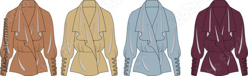 Silk Blouse Design Options with Long Sleeves and Ruffled Front in Different Colors