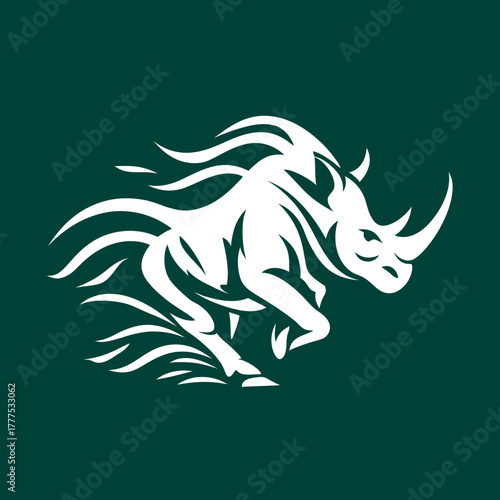 Dynamic white rhinoceros charging illustration, strong powerful rhino mascot design on a dark green background with speed lines