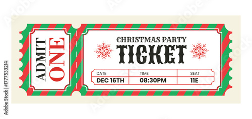 Merry Christmas ticket design template. Perfect for holiday events, corporate celebrations, or printable invitations. Retro vector illustration isolated on white background. Vintage mockup coupon