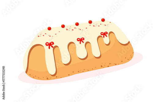 Festive Christmas cupcake with white icing, decorated with red berries and bows, hand-painted in soft warm colors, cozy festive mood, minimalist style, isolated on white background, vector illustratio