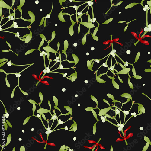Festive Christmas seamless pattern with mistletoe twigs and berries on black background