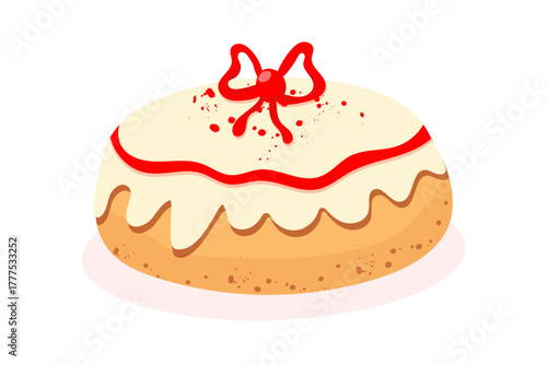 Festive Christmas cupcake with white icing, decorated with red berries and bows, hand-painted in soft warm colors, cozy festive mood, minimalist style, isolated on white background, vector illustratio