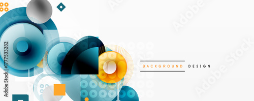 Abstract geometric shapes, circles, squares overlap. Blue, orange hues dominate white background. Modern design elements present.