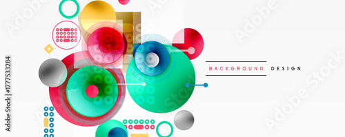 Abstract colorful shapes overlap, creating dynamic composition. Circles, squares, gradients offer modern visual appeal.