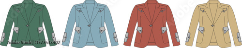 Elegant women's tailored jacket collection shown in four different color options. Vector fashion illustration for clothing design and apparel concepts