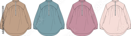 Versatile long-sleeve women's blouses in a flat fashion illustration, featuring a stylish stand collar and front zipper detail. Available in multiple appealing colors for everyday wear